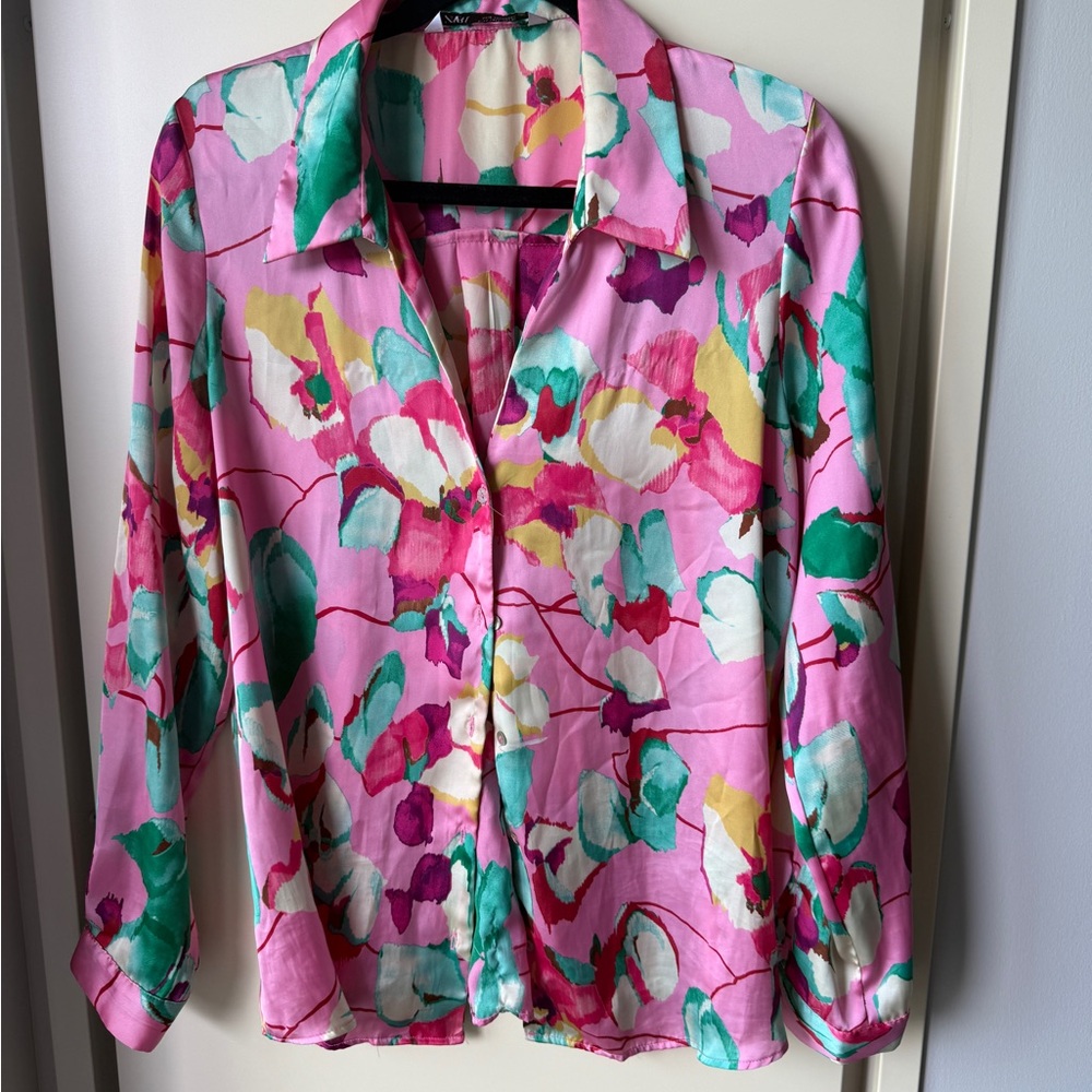 Zara Pink Floral Button Down Shirt